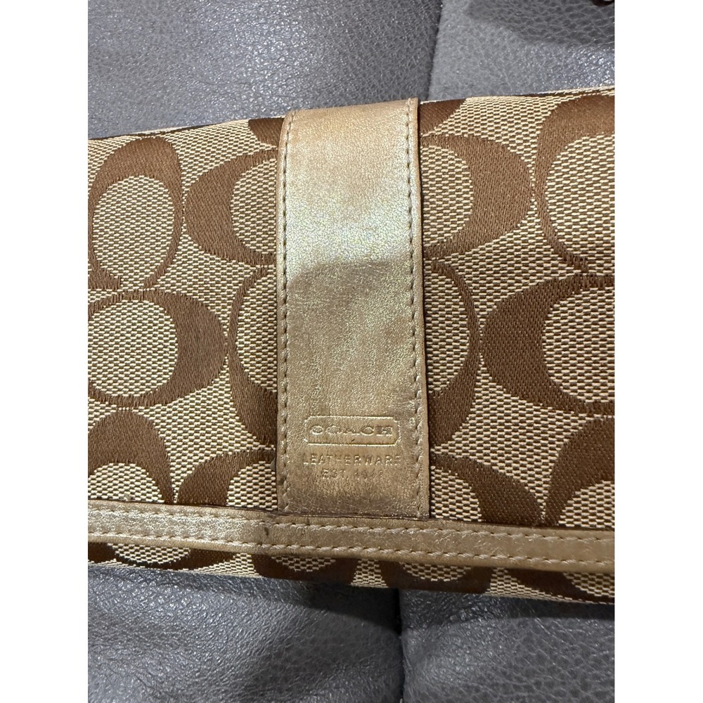 Coach Signature C Monogram Canvas Long Tri-Fold Wallet Metallic Gold Leather - Picture 3 of 13